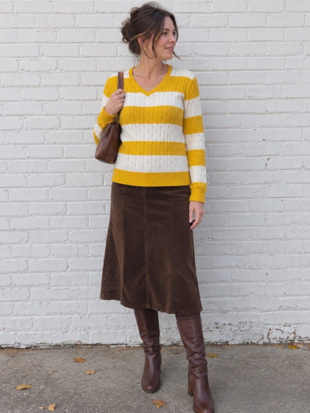 Yellow & White Striped Cable Knit V-Neck Sweater Fall Preppy Academia Large